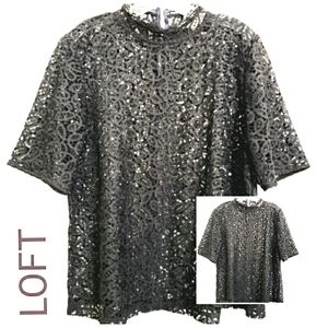 Nwot LOFT Charcoal Gray Embroidered Lace Shortsleeve Top